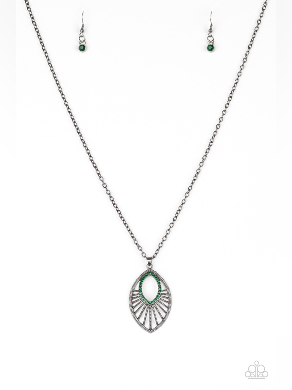 paparazzi Silver and Green Radiant Marquise Necklace Set